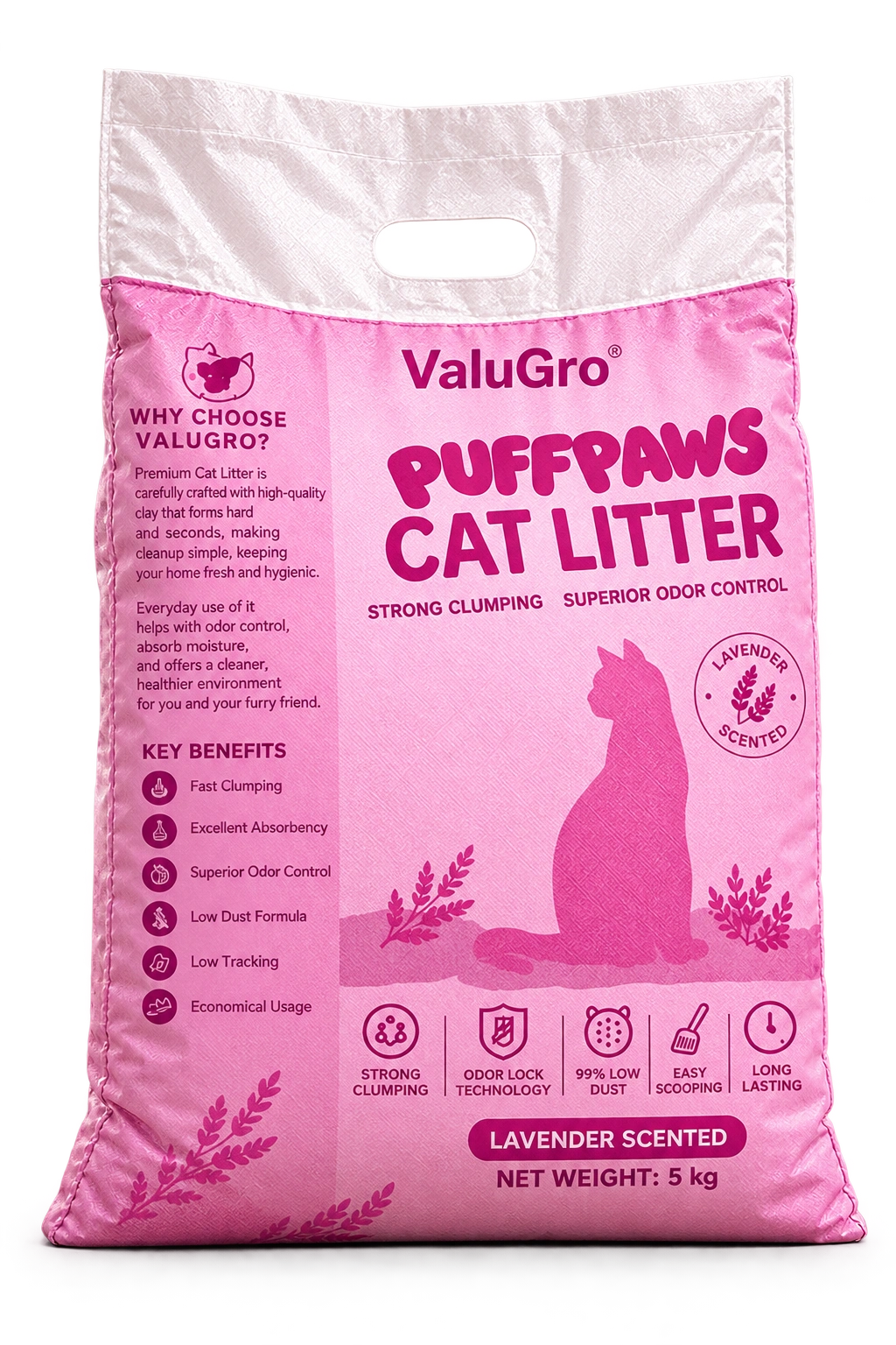 The current pink PuffPaws 5 kg pack with a white top and die-cut handle.