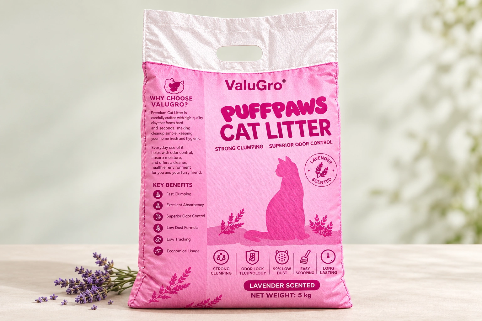 The current pink PuffPaws cat litter pack in a home setting.
